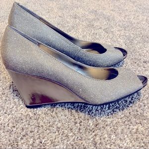 Wedge Peep Toe Pumps, Silver, women’s size 7.5
